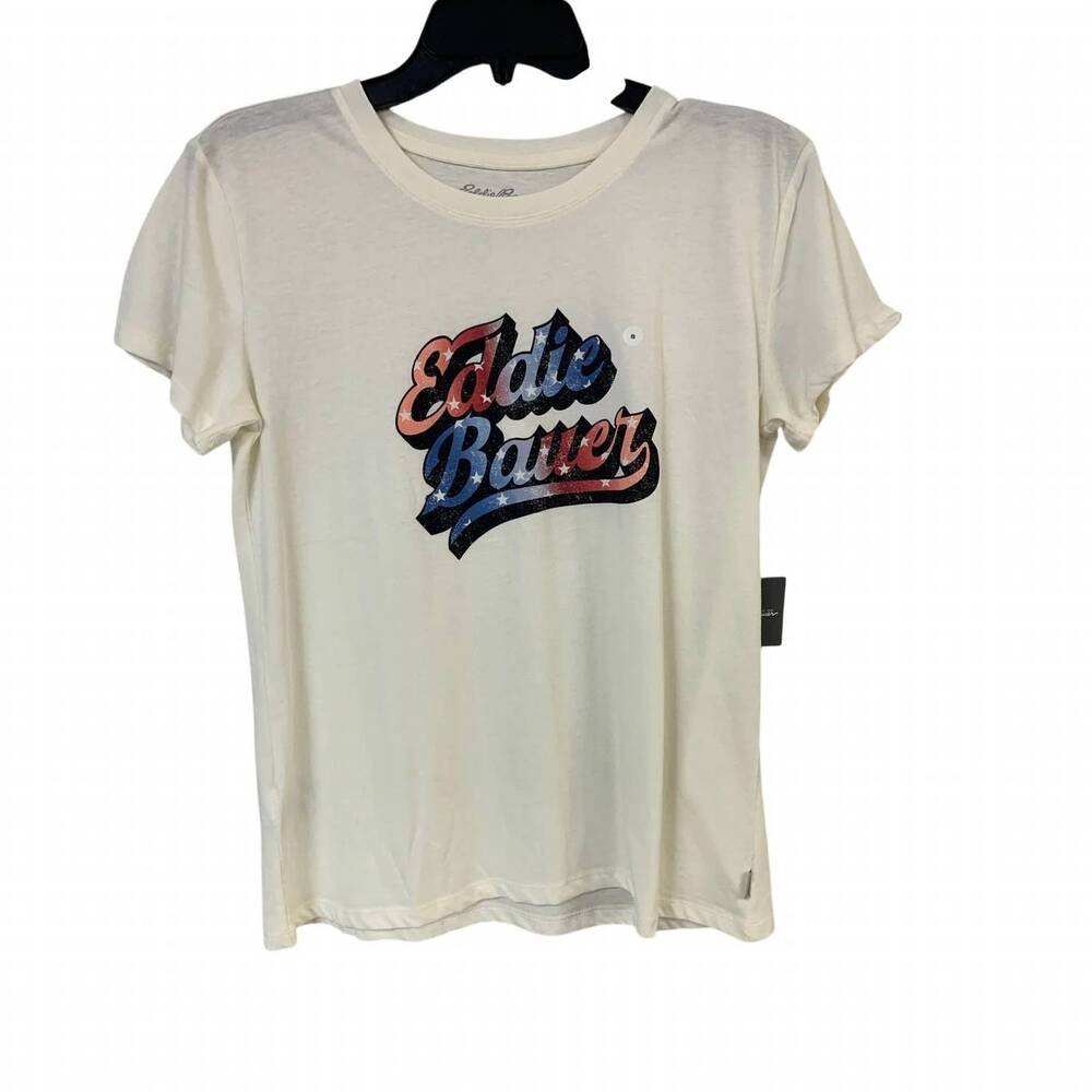 NEW EDDIE BAUER women's gradient logo graphic tee shirt in ivory red blue
